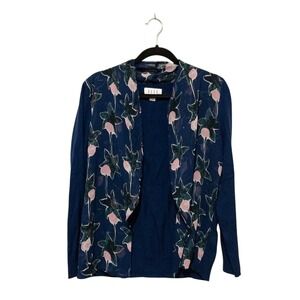 Elle Womens Navy Blue Floral Open Front Cardigan Sweater Medium Boho Lightweight